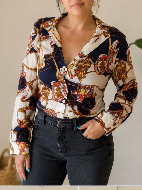 Tops - Chain-Print Button-Down Shirt in Navy & Cream